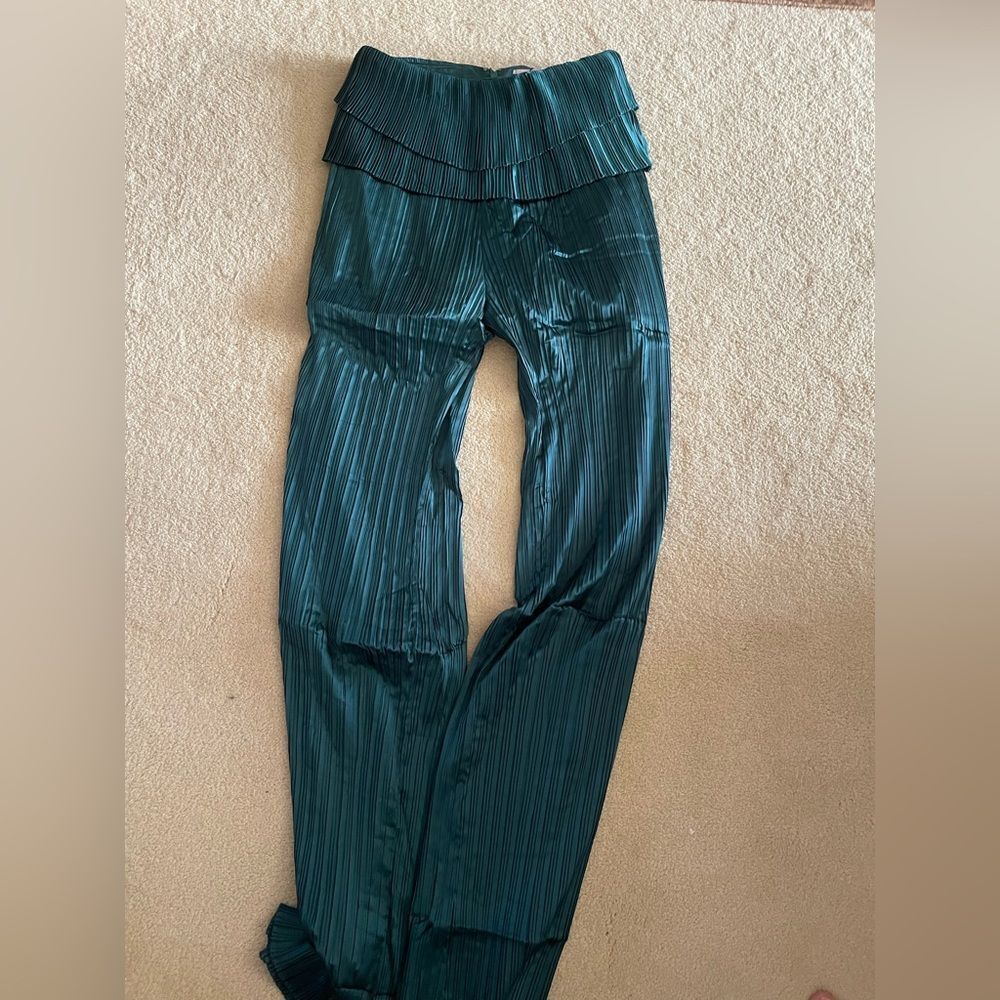 Andrea Iyamah Teal Pleated Satin Wide-Leg Pajama Pants